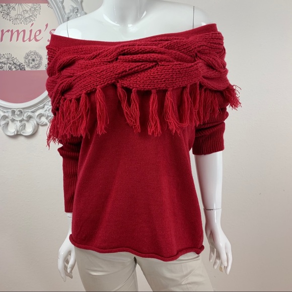 a tricoter Sweaters - A Tricoter / Red Wool Crochet Fringed Cowl Neck